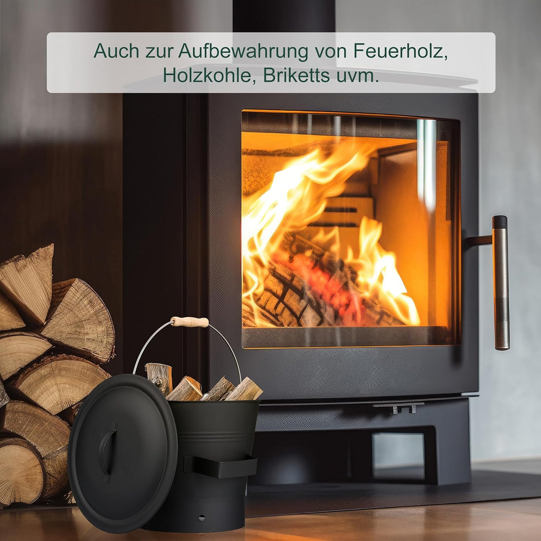 Relaxdays Ascheeimer mit Deckel und Kehrset, 7,5 L, inkl. Aschebesen & Kaminschaufel, Aschebehälter