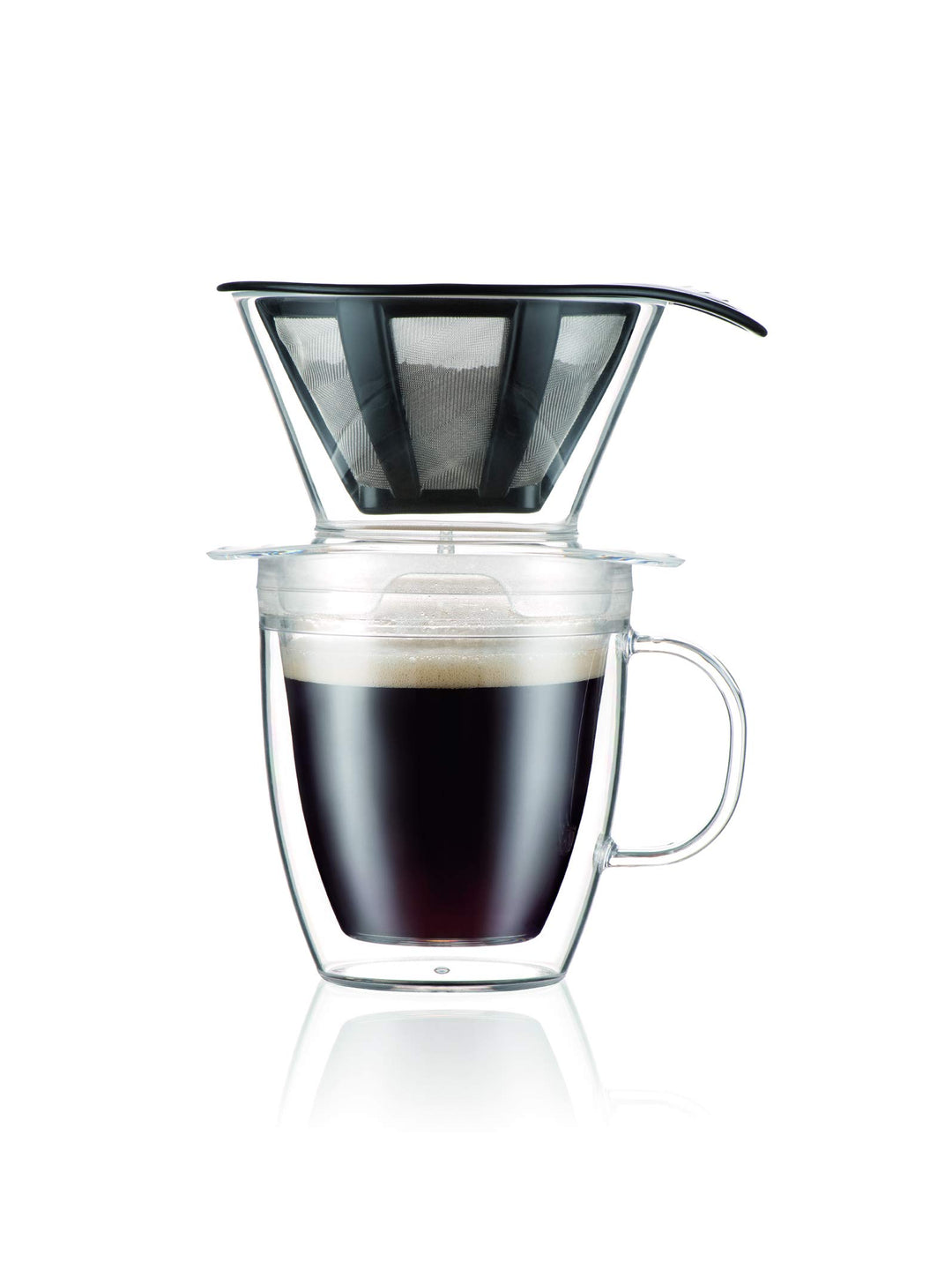 Bodum Pour Over Kaffee-Tropfer-Set mit doppelwandigem Becher und Permanentfilter, 340 ml, transparen