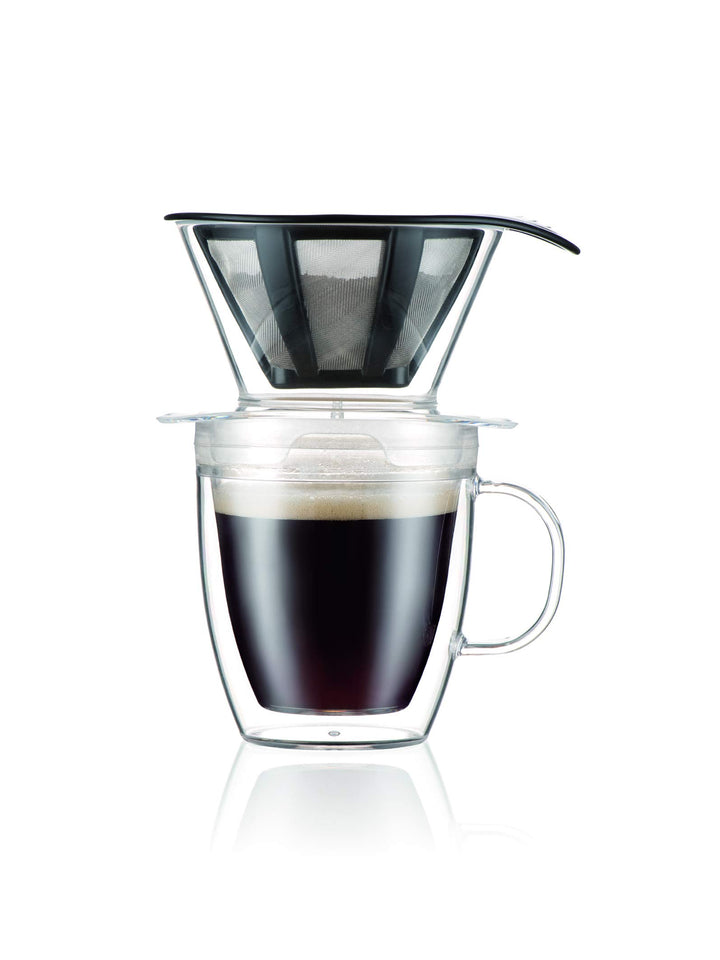 Bodum Pour Over Kaffee-Tropfer-Set mit doppelwandigem Becher und Permanentfilter, 340 ml, transparen