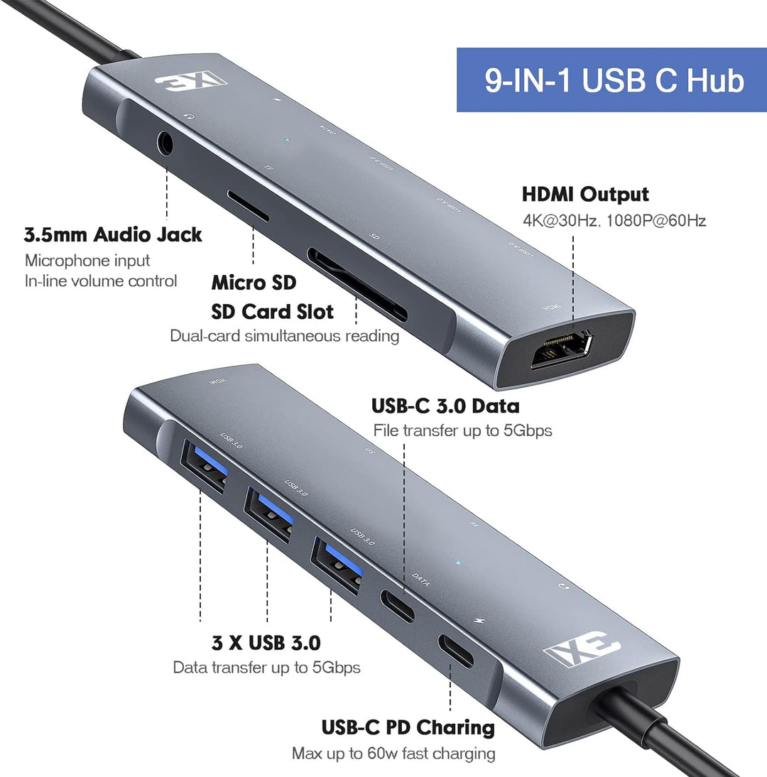 3XI USB C Hub 9in1 Typ C Adapter mit 4K HDMI,3 USB3.0, 100W PD, SD/TF Kartenleser,USB-C 5Gbps Datena