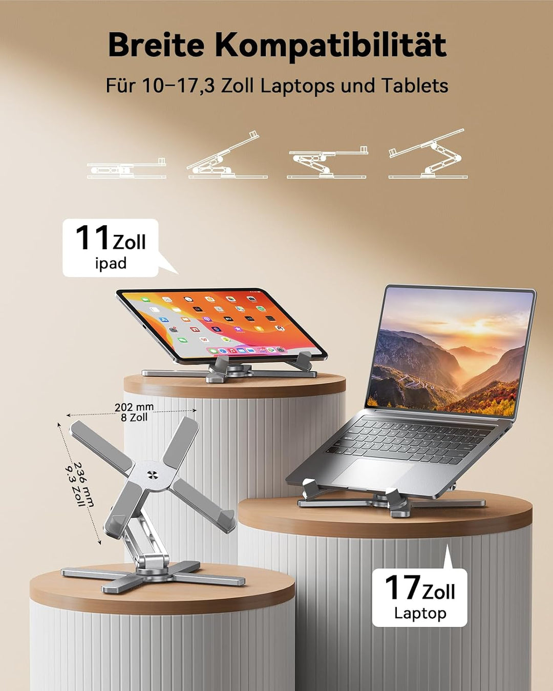 TECKNET Laptop-Ständer mit 360° drehbarer Sockel, ergonomisch höhen- & neigungsverstellbar, klappbar