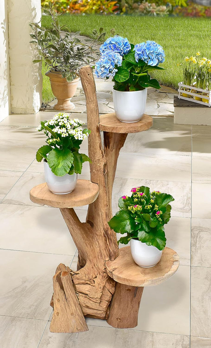 Teak Blumenständer mit 3 Ablagen Blumenpodest Pflanzentreppe Blumenregal Ständer Blumenhocker Massiv