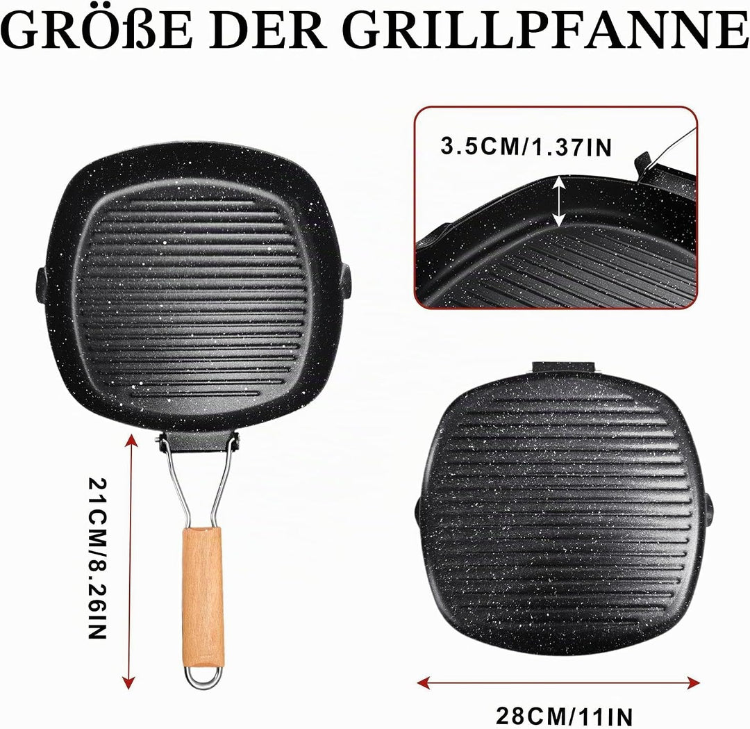 Antihaft-Grillpfanne Mit Klappbarer, 28 x 28 cm Steakpfanne, Grillpfanne Pfanne Maifan Stone Square