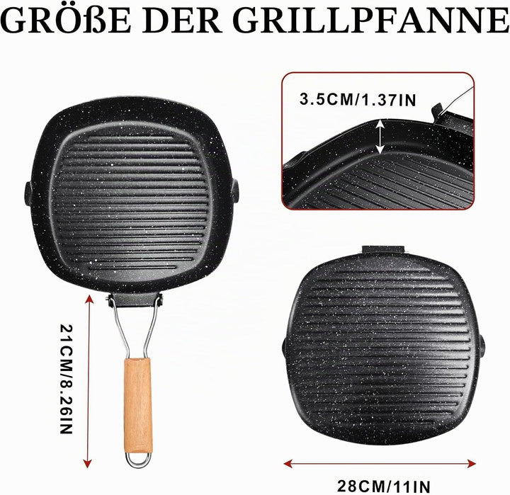 Antihaft-Grillpfanne Mit Klappbarer, 28 x 28 cm Steakpfanne, Grillpfanne Pfanne Maifan Stone Square