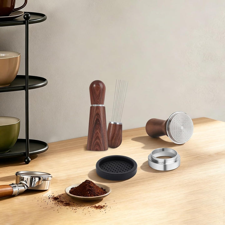 51mm Kaffee Tamper Set Verstellbar, Holzgriff Edelstahl Espresso Stampfer