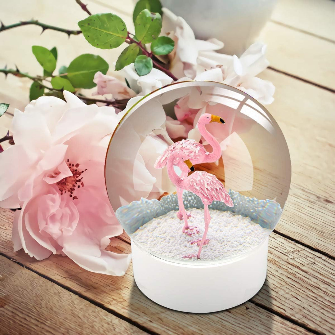 Mingfuxin Flamingo Schneekugel Kristallkugel mit weissem Sockel, weisse Flocken, Glas-Schneekugel Fl