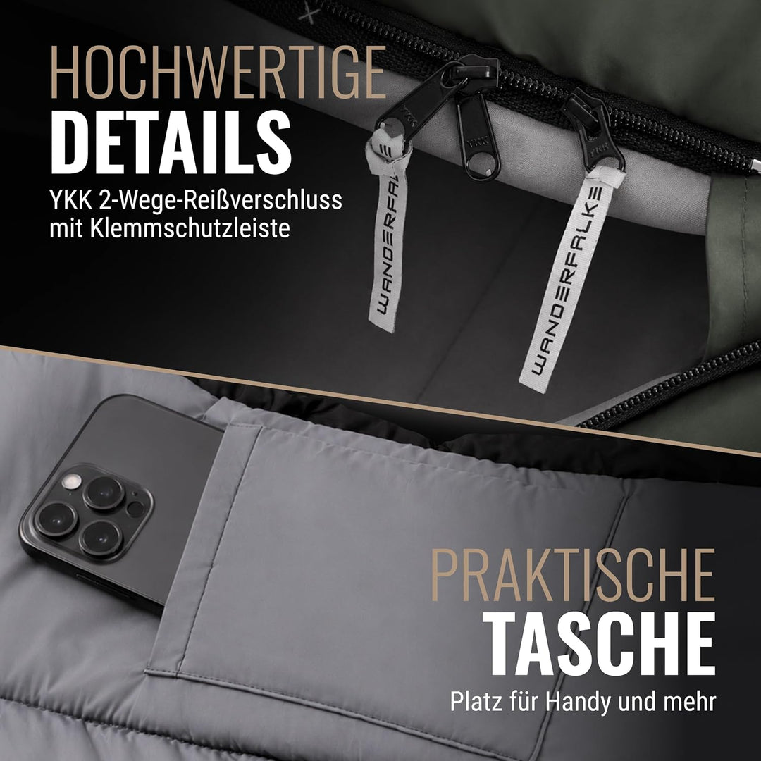 WANDERFALKE® Premium Schlafsack Erwachsene (Alpinist/Wanderer), 3-4 Jahreszeiten (480GSM) &amp; Sommersc