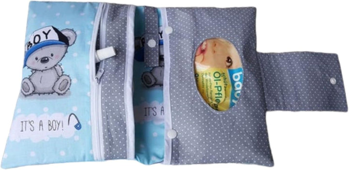 XXL Windeltasche Teddy Bärchen blau grau Punkte