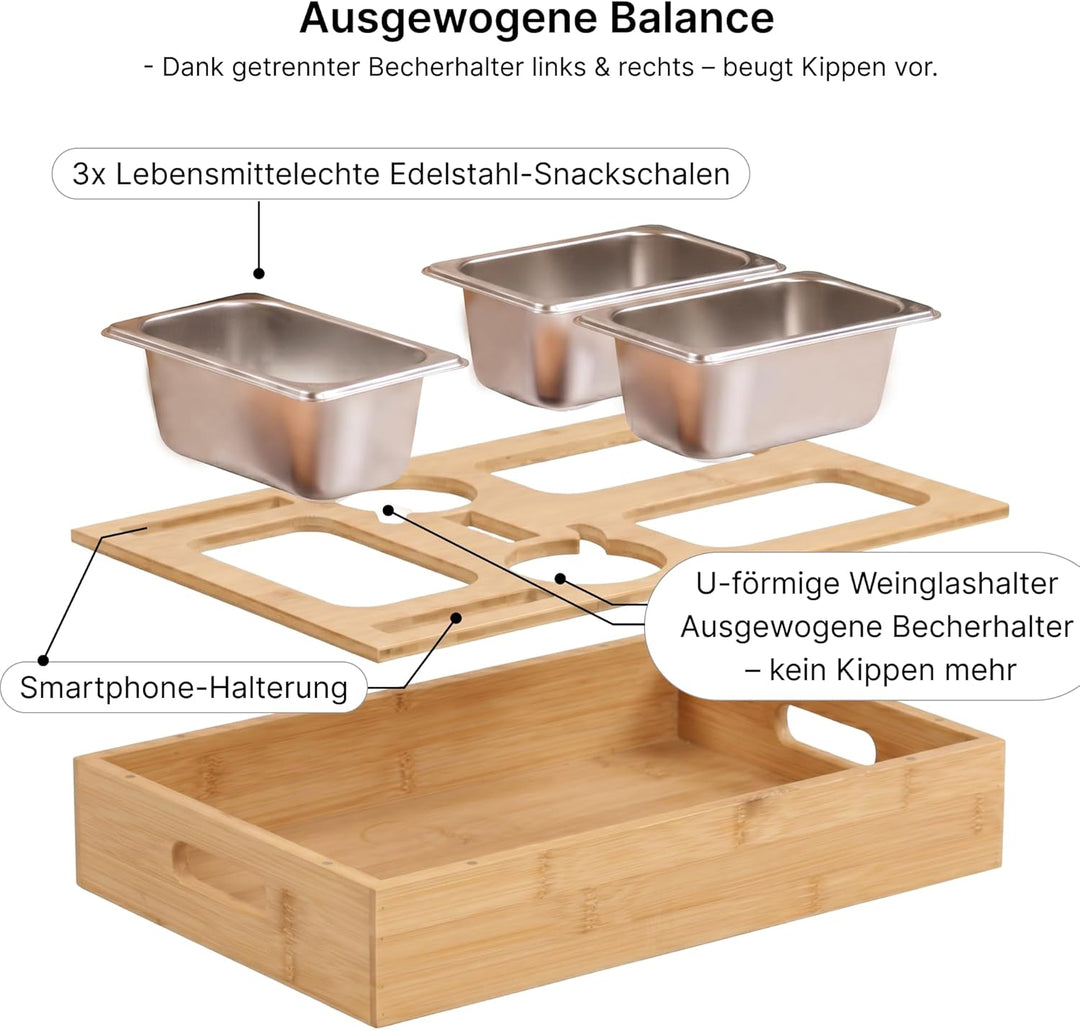 Couchbar Snackbox – Originelle Geschenkidee für Männer & Frauen – Sofa Tablett mit 3 Edelstahl Snack
