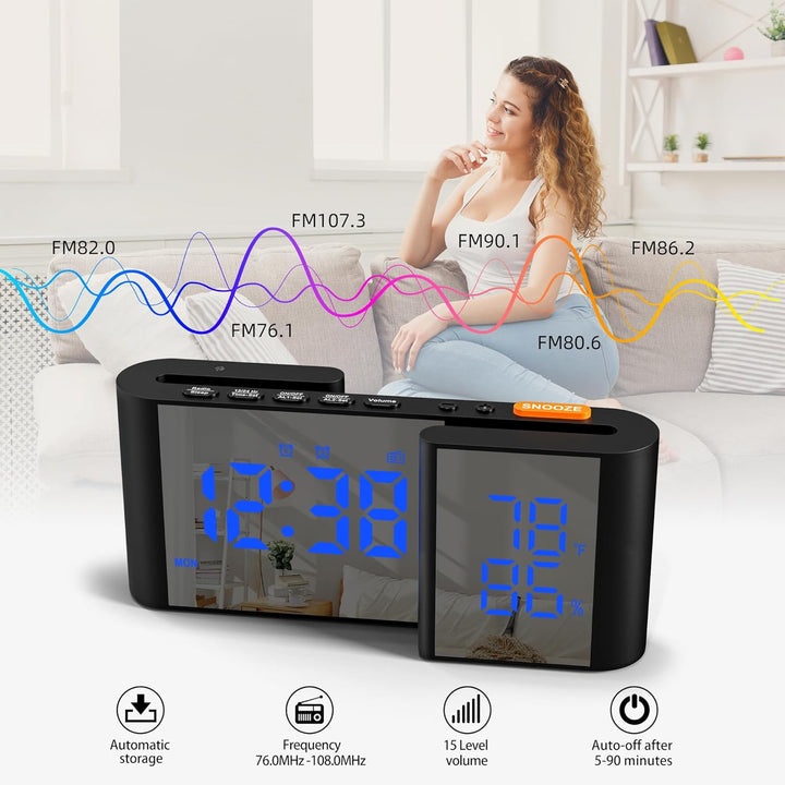Lancoon Digitaler Radiowecker 6'' Spiegel LED Uhr mit Luftfeuchtigkeit und Temperatur Duale Alarmein