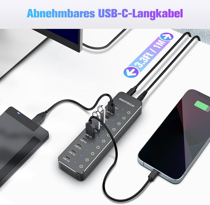 RSHTECH 10 Port USB C Hub mit Netzteil - Mit 3 USB 3.2 (2 Type C und 1 Type A) und 7 USB 3.0(4 Type-