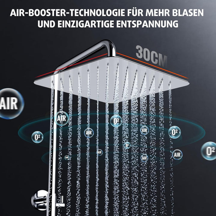 Rainsworth Duschsystem mit Ablage Chrom - 30 X 30 cm eckig Regendusche und 3 Strahlarten Duschkopf,