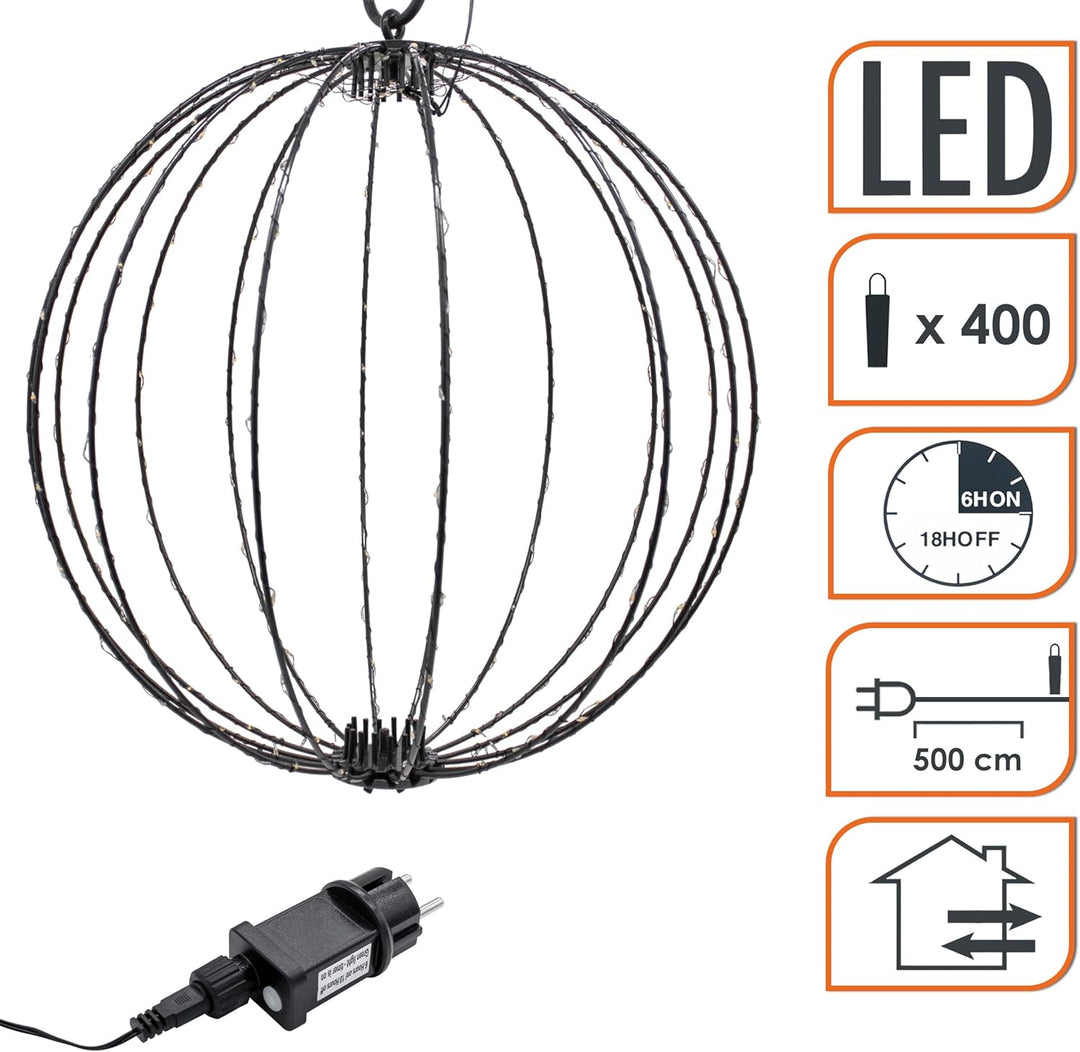 Leuchtkugel zum Hängen für Aussen 60 cm mit Timer und Stecker - 400 LED - Garten Dekoleuchte extra w