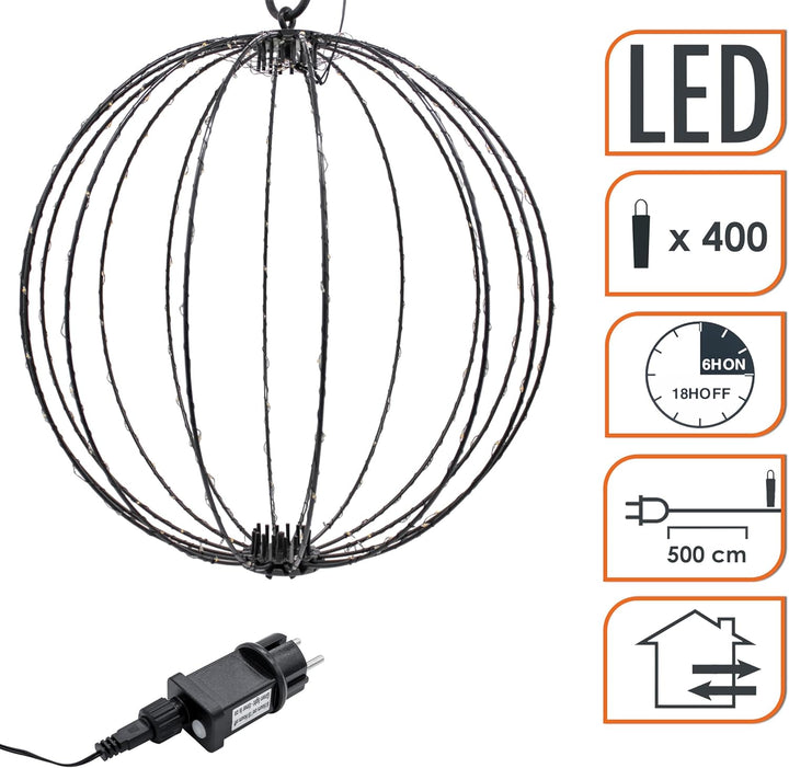 Leuchtkugel zum Hängen für Aussen 60 cm mit Timer und Stecker - 400 LED - Garten Dekoleuchte extra w
