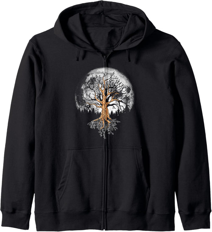 Retro Full Moon & Minimalist Oak Tree Vintage Graphic Kapuzenjacke