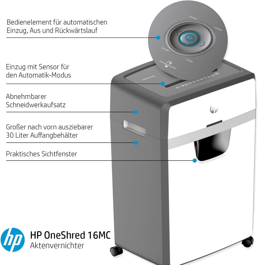 HP OneShred 16MC, Aktenvernichter, Sicherheitsstufe P-5, Micro Cut, 16 Blatt, 2808 Micro Cut 16 Blat
