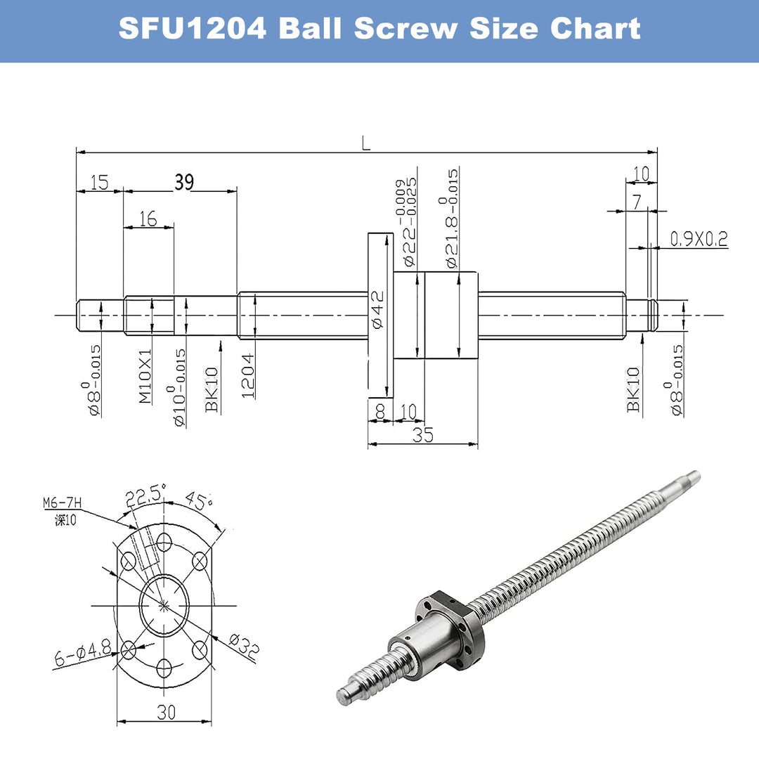 CNCMANS SFU1204 Kugelumlaufspindel, SFU1204 300mm Edelstahl Ball Screw Gewindespindel mit Bearbeitet