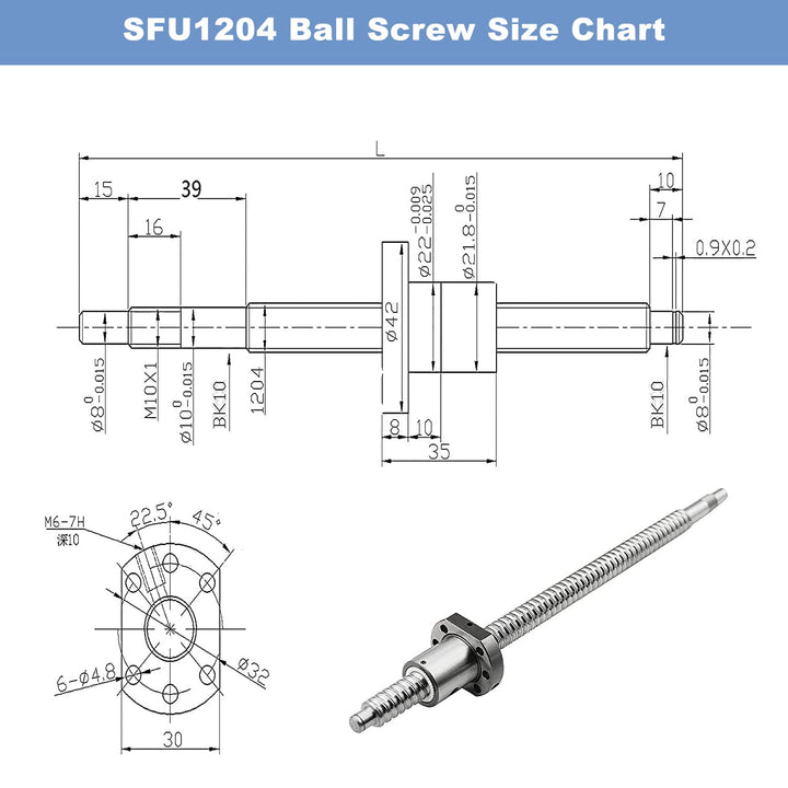 CNCMANS SFU1204 Kugelumlaufspindel, SFU1204 300mm Edelstahl Ball Screw Gewindespindel mit Bearbeitet
