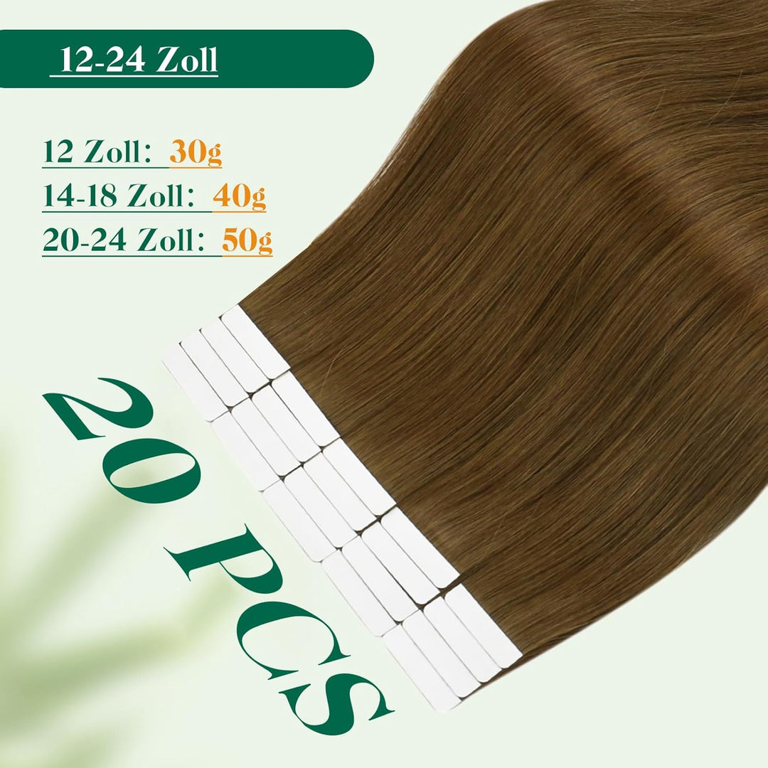 Easyouth Tape in Extension Echthaar Braun Skin Weft Tape on Haar Farbe Mittelbraun 30 cm 30g Echthaa