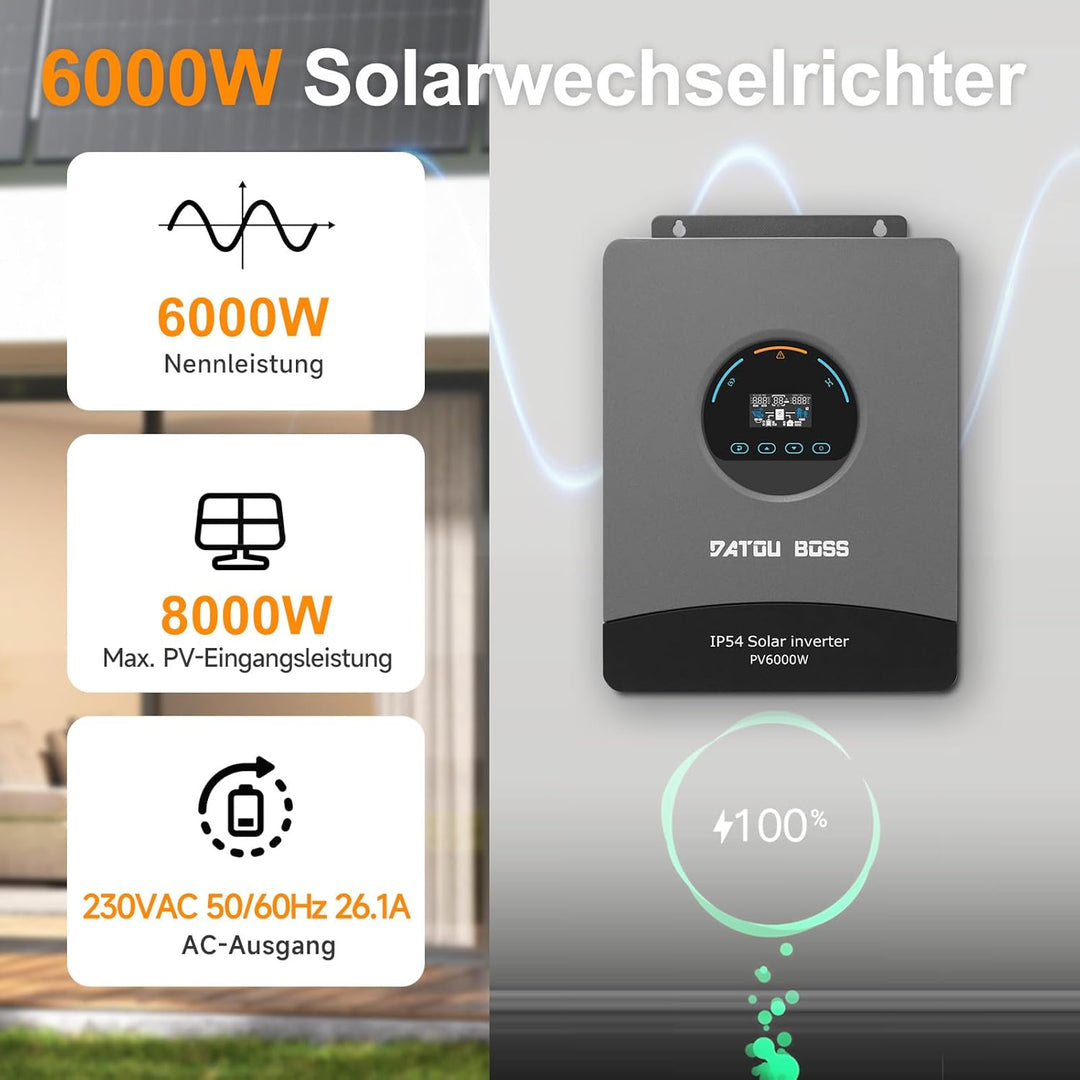 DATOUBOSS 6000W Hybrid Solar Wechselrichter 48V, Reiner Sinus, integrierter 120A MPPT, Blitz- und Wa
