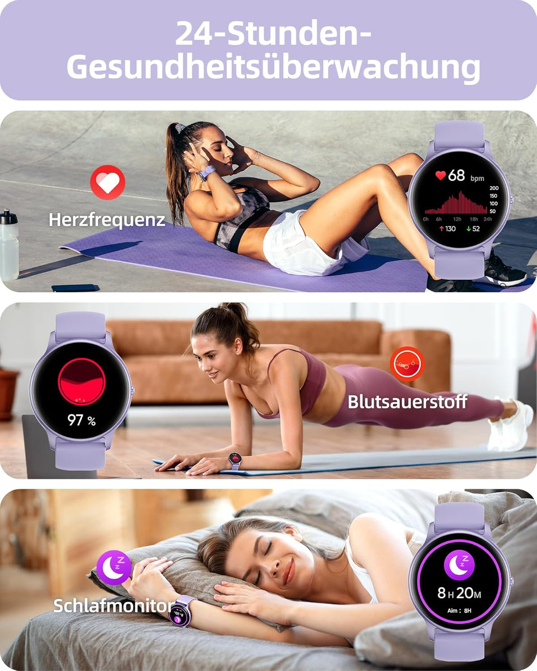 Parsonver Smartwatch Damen Rund mit Telefonfunktion, Armbanduhr Frauen mit Herzfrequenz Schlafmonito