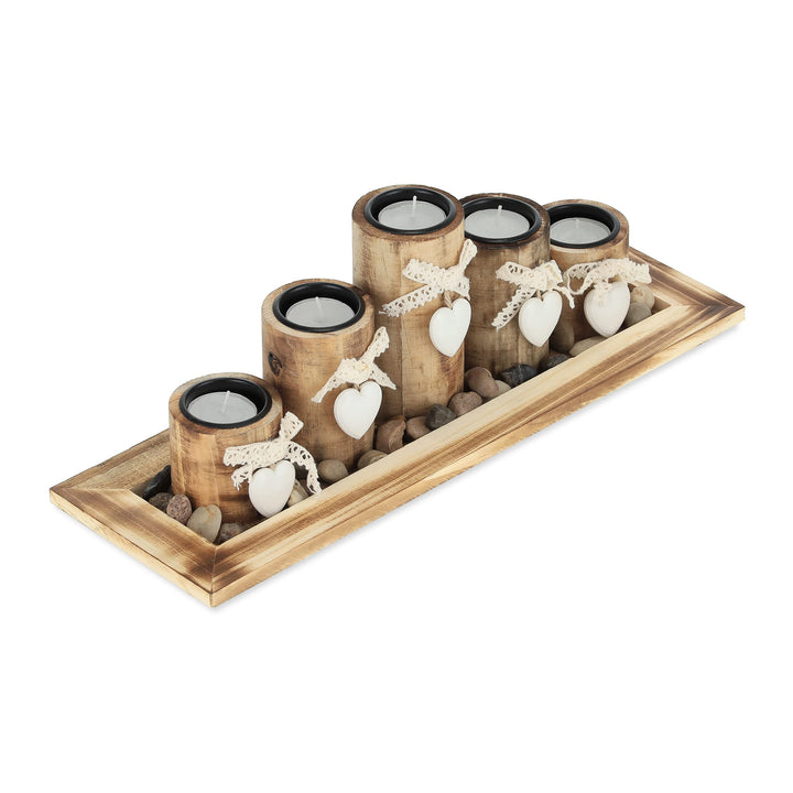 Relaxdays Teelichthalter Set mit Tablett & Steinen, 39,5 cm lang, 5 Kerzenhalter, Tischdeko Wohnzimm