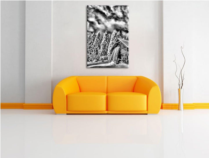 Pixxprint Holzhütte im Schnee / 100x70cm Leinwandbild bespannt auf Holzrahmen/Wandbild Kunstdruck De