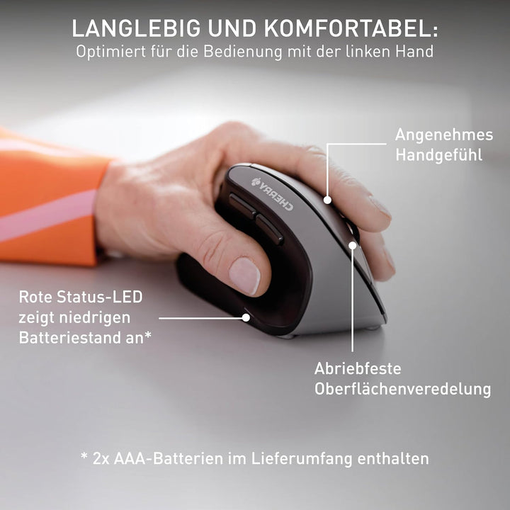 CHERRY MW 4500 Left, kabellose Maus, ergonomische Linkshändermaus im 45° Design, 6 Tasten und Scroll