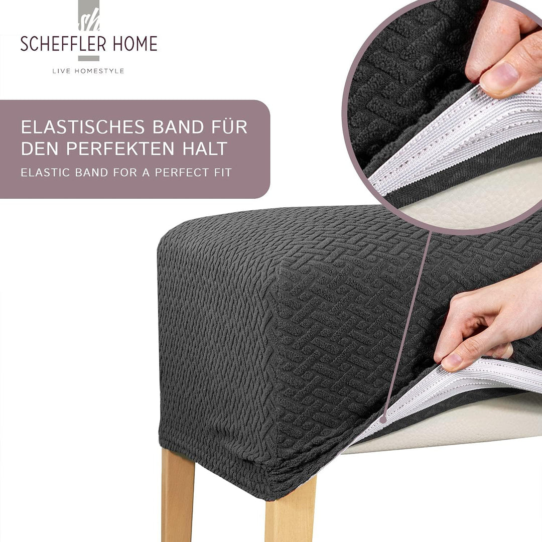 SCHEFFLER-Home Stretch Stuhlbezug Luna Anthrazit/Stuhlüberzug 6er Set elastische Flanell Stuhlbezüge