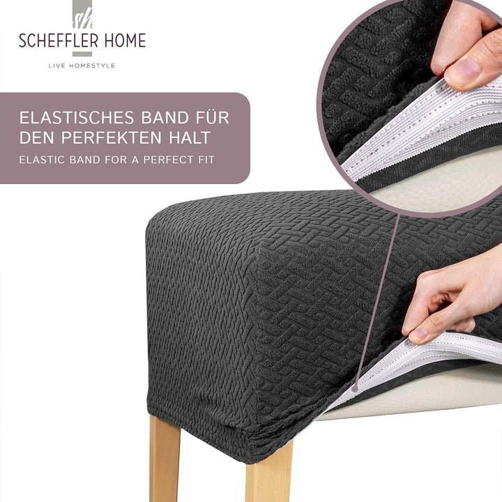 SCHEFFLER-Home Stretch Stuhlbezug Luna Anthrazit/Stuhlüberzug 6er Set elastische Flanell Stuhlbezüge
