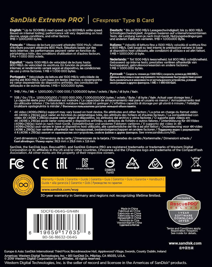 SanDisk Extreme PRO CFexpress Speicherkarte Typ B 64 GB (Lesegeschwindigkeiten bis 1500 MB/s, für RA