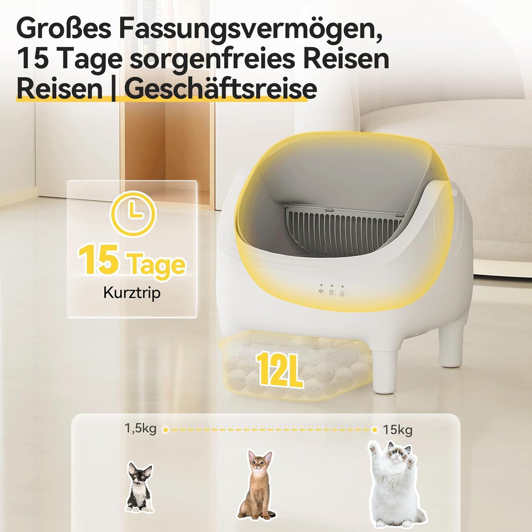 JUMMICO Selbstreiniger Katzenmüllkasten, Top Open Design, XXL Müllschalen für 15 kg Katzen, App Cont