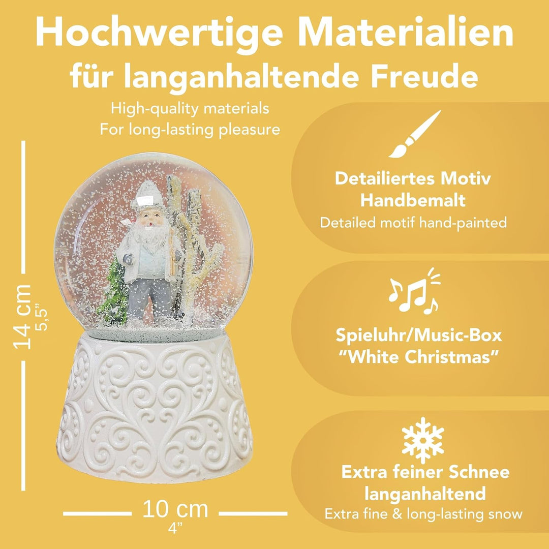 Schneekugel Weihnachten mit Musik | Weihnachtswichtel grau weiss | Sockel weiss Ornamente | H: 14cm