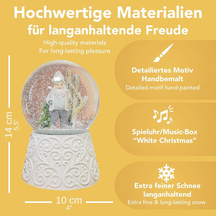 Schneekugel Weihnachten mit Musik | Weihnachtswichtel grau weiss | Sockel weiss Ornamente | H: 14cm