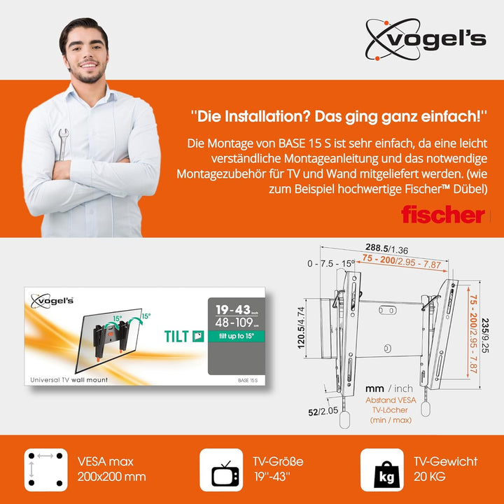 Vogel's BASE 15S neigbare TV Wandhalterung für 19-43 Zoll (48-109 cm) Fernseher, Max. 20 kg, Halteru