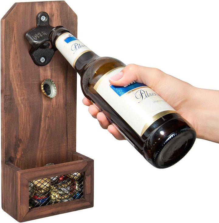 Wandflaschenöffner: Flaschenöffner mit Kronkorken-Auffangbehälter, Holz, zur Wandmontage (Flaschenöf