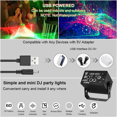 URAQT Discolicht,60 Modi Partylicht Discolicht mit 2M USB Kabel und Drahtlose Fernbedienung 360°Dreh