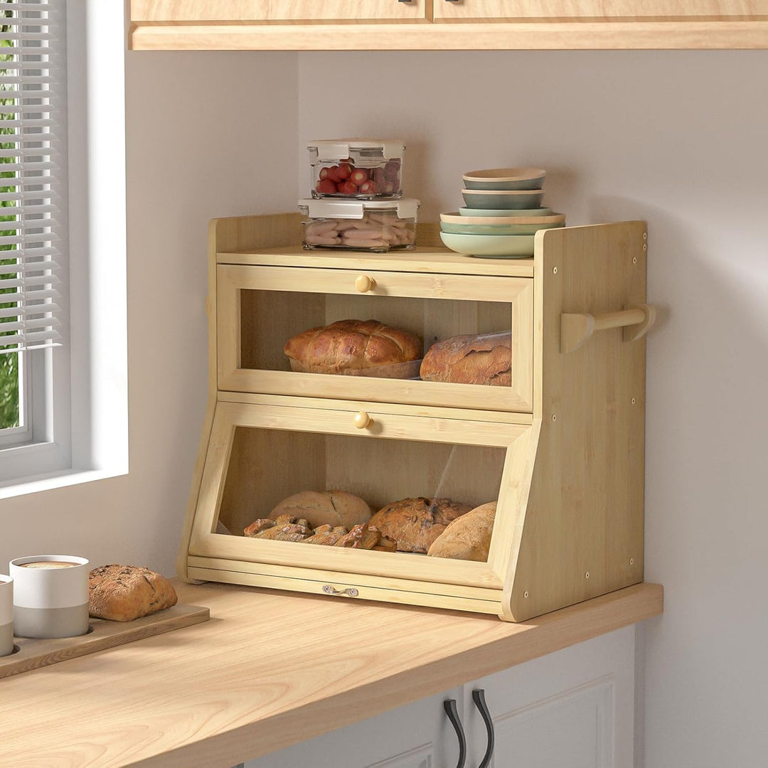 Brotkasten Bambus 2 Etagen, Bambus Brotkasten Holz mit Schneidebrett, Eco Brotbox Brotkorb mit Belüf