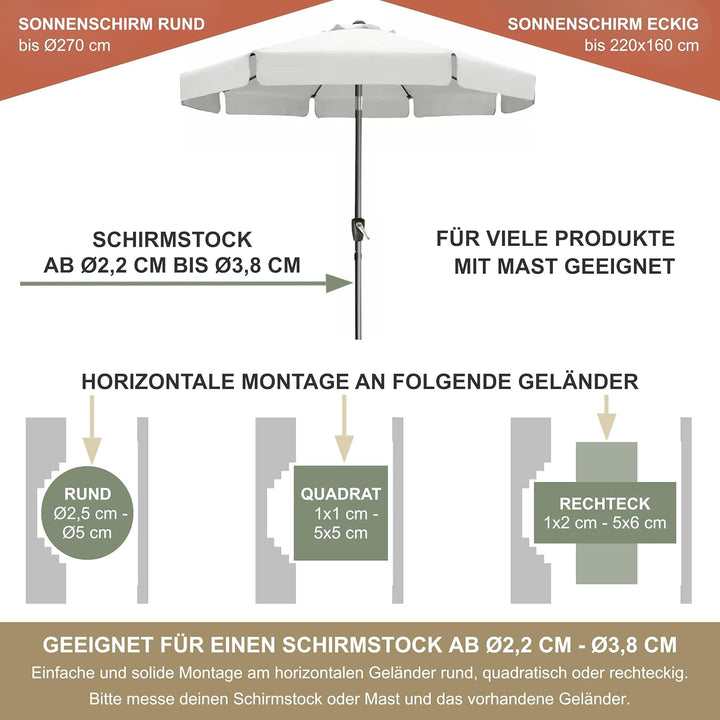 Sonnenschirmhalter aus Edelstahl für Balkongeländer rund und eckig Schirmhalterung bis Sonnenschirm