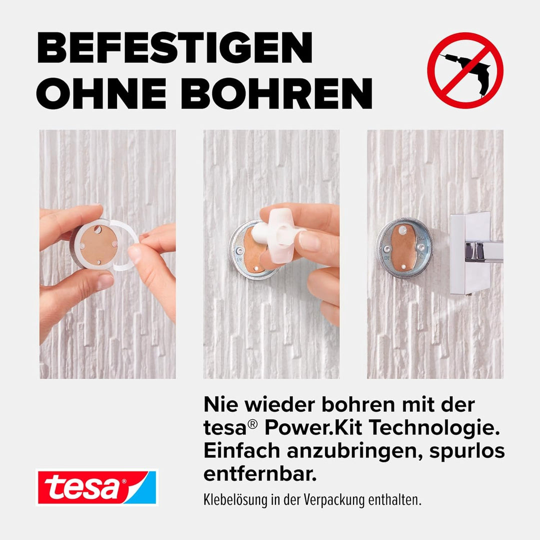 tesa DELUXXE Handtuchstange, verchromt - Badetuchhalter zur Wandbefestigung ohne Bohren, inkl. Klebe