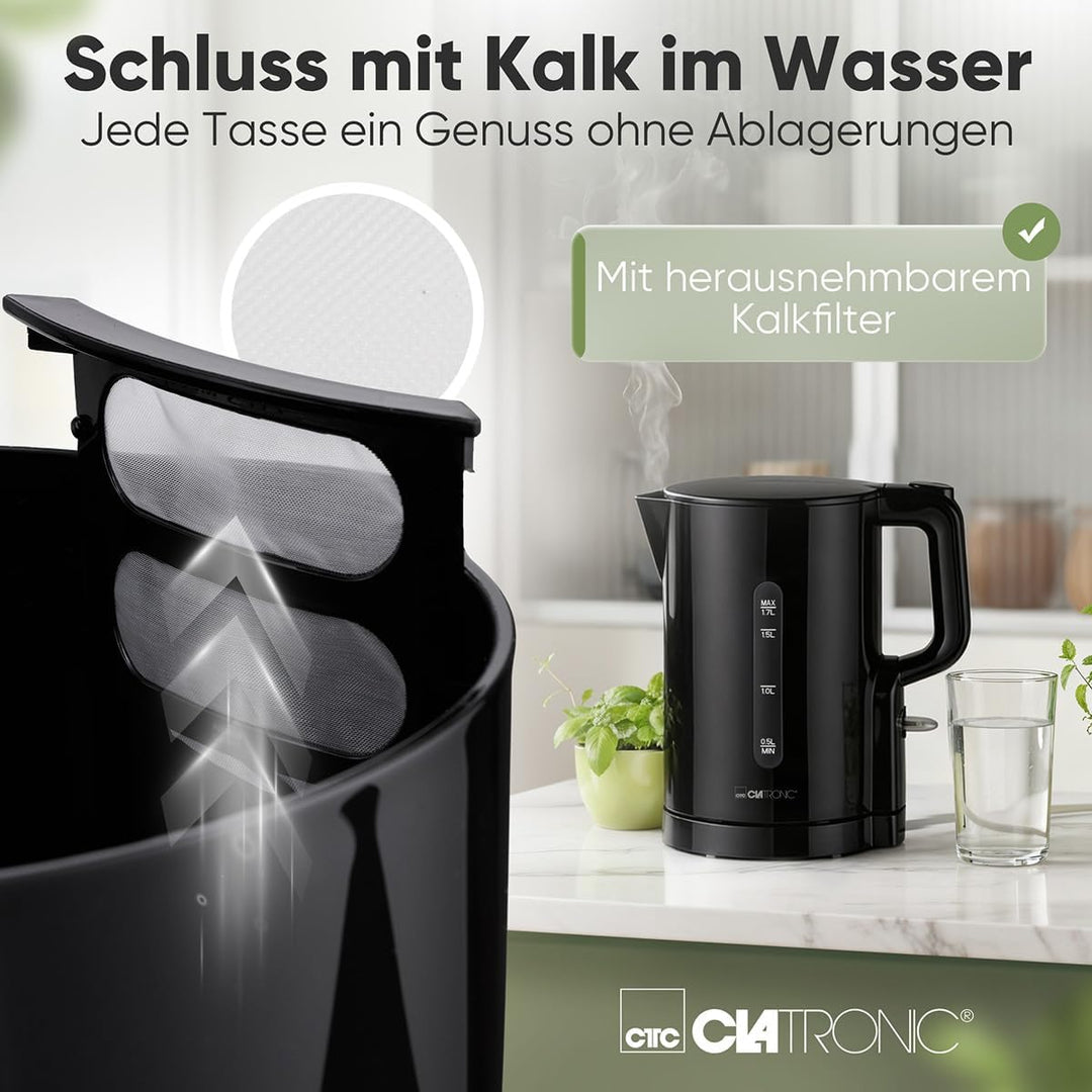 Clatronic® Wasserkocher 1,7L | 2200W für schnelles Erhitzen | BPA frei | Einhandbedienung | Wasserst