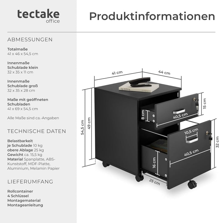 tectake® Rollcontainer mit Schubladen, Aktenschrank abschliessbar, Kommode mit Schubladen, Rollwagen