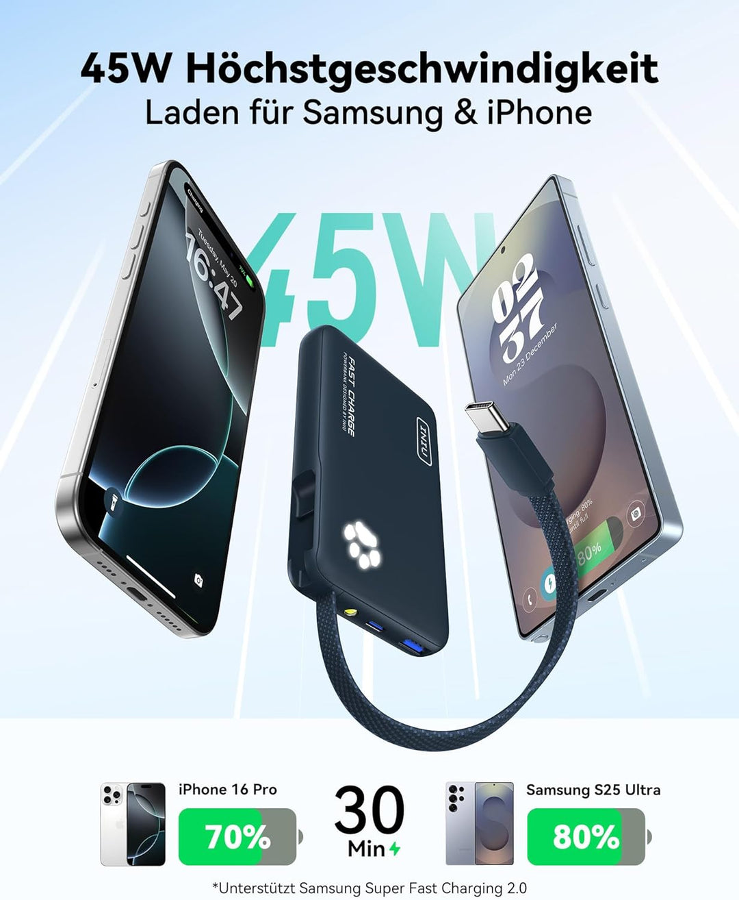 INIU Power Bank, Minigrösse 20W 10000mAh PowerBank mit Integriertem USB-C Kabel, PD3.0 QC4.0 USB C I
