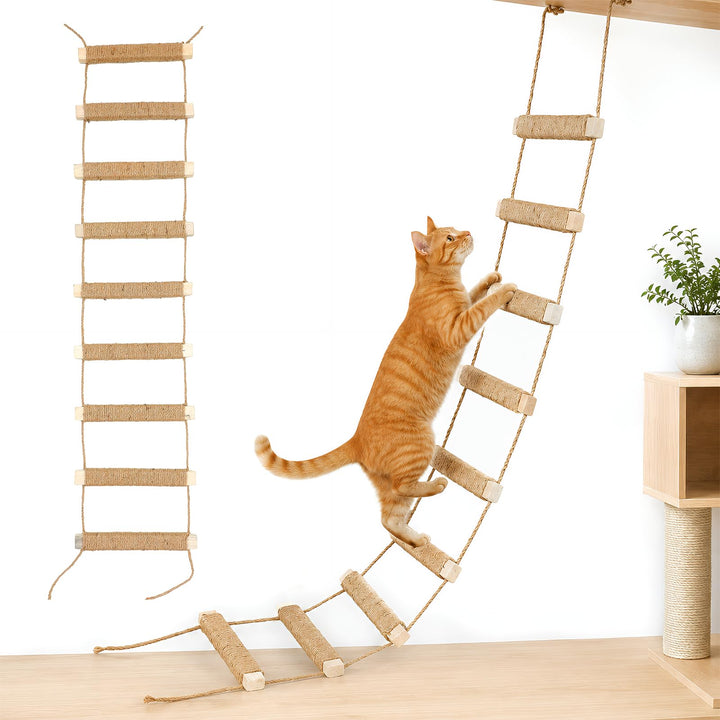 108cm Katzenleiter Wandmontiert, 3-in-1 Sisal Kletterbrücke &amp; Hängematte aus Massivholz, Faltbare Ju