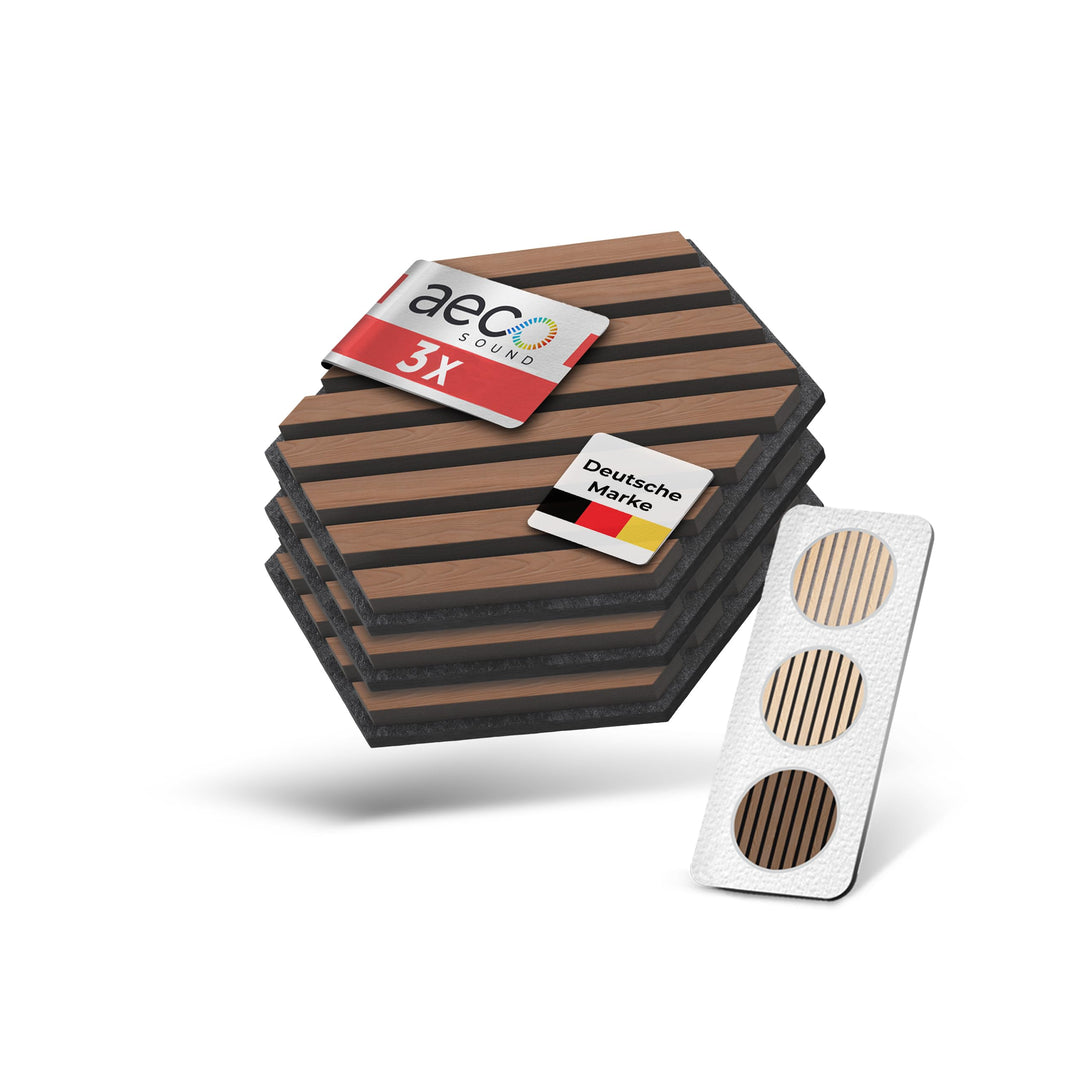 Akustikpaneele Holz selbstklebend – 3er-Set | Echtholz Walnuss & Akustikfilz Schwarz | Hexagon 30x26