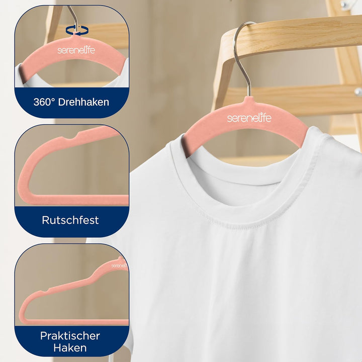 SereneLife Kleiderbügel Samt Rosa, 20er Set, Bügel rutschfest und Platzsparend, Clothes Hangers mit