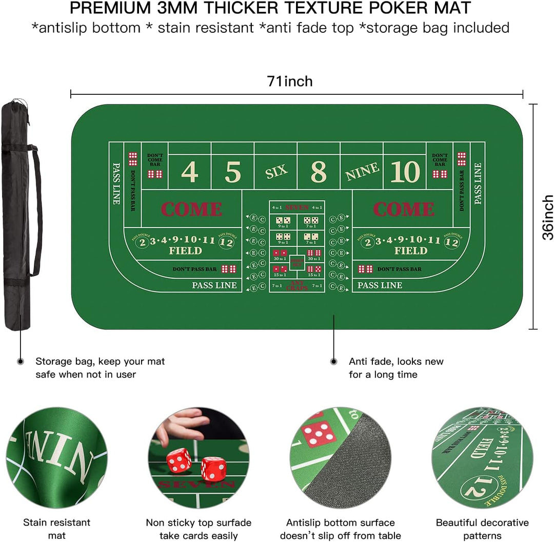 YUZPKRSI 177,8 x 88,9 cm tragbare, professionelle Casino-Craps-Tisch-Layout-Matte mit Tragetasche, r