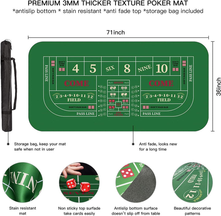 YUZPKRSI 177,8 x 88,9 cm tragbare, professionelle Casino-Craps-Tisch-Layout-Matte mit Tragetasche, r