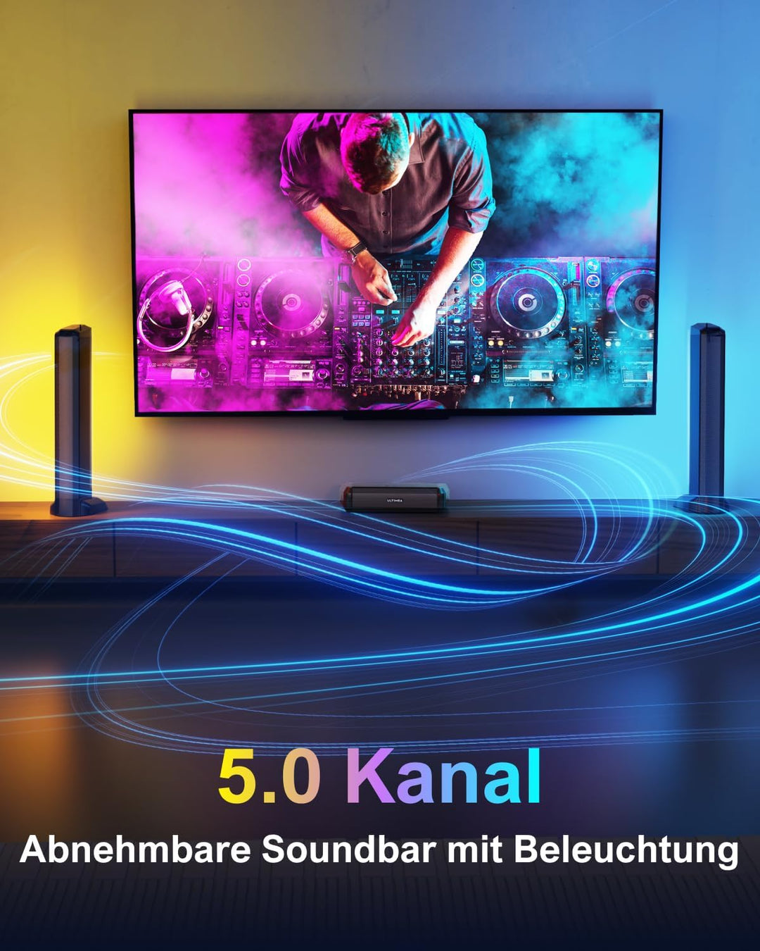 ULTIMEA 5.0ch Soundbar für TV Geräte, Soundbar mit RGB-Beleuchtung für Heimkino, teilbare TV Soundba