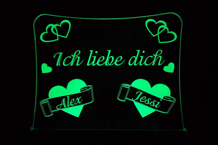 LED Acrylglas Schild "Ich liebe dich", 30x20 cm, mit persönlicher Laser Gravur (grün), grün